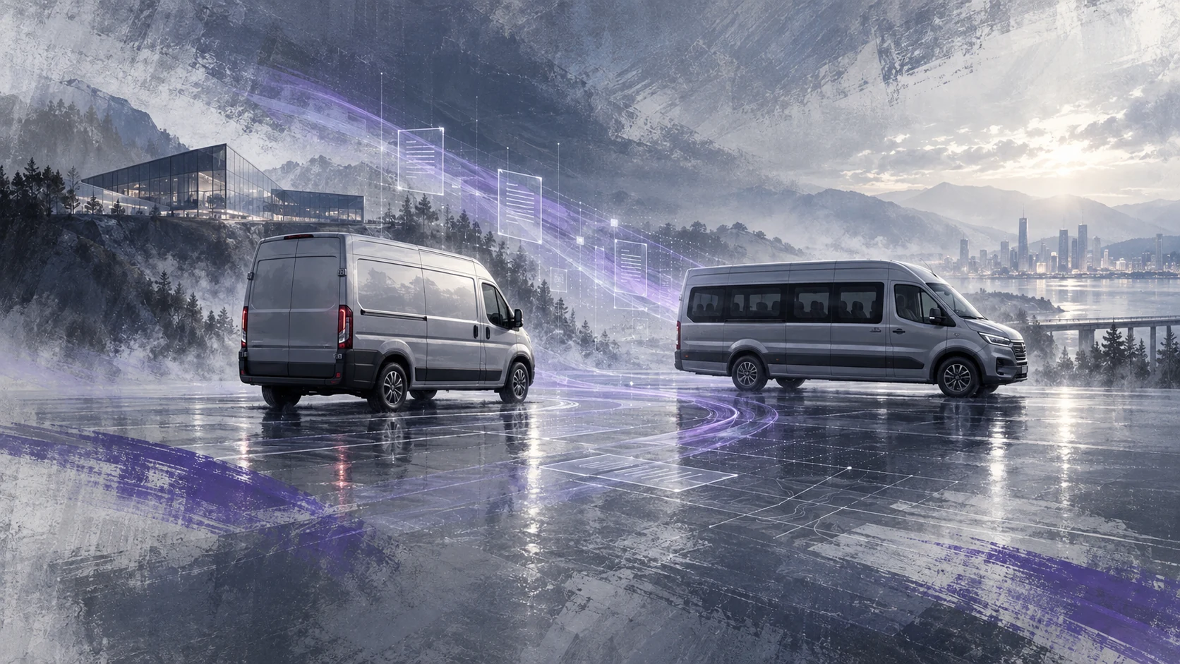 Cinematic digital artwork connecting commercial vehicles with digital information flows