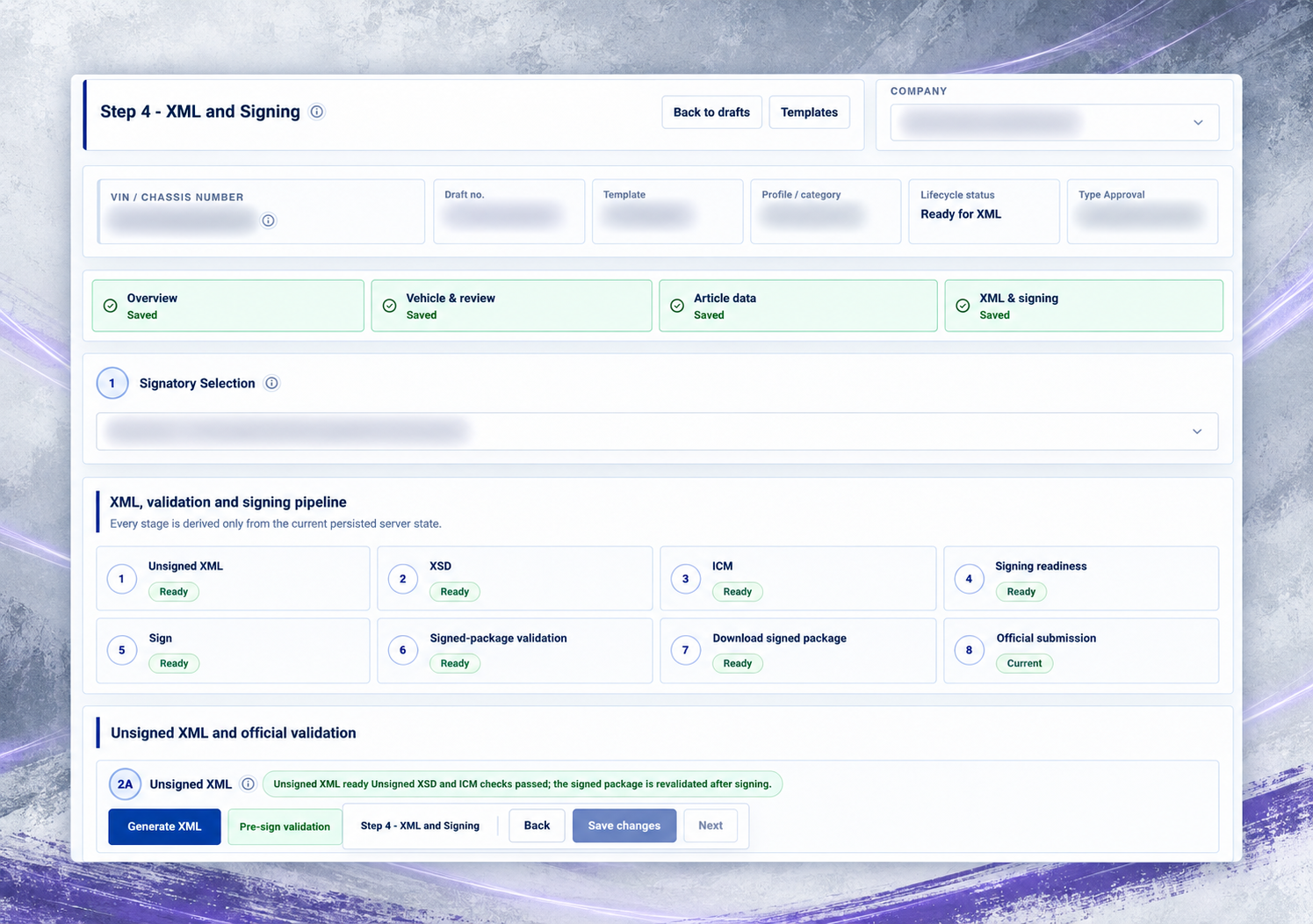 Electronic COC Platform XML, validation and signing screen with identifying details obscured