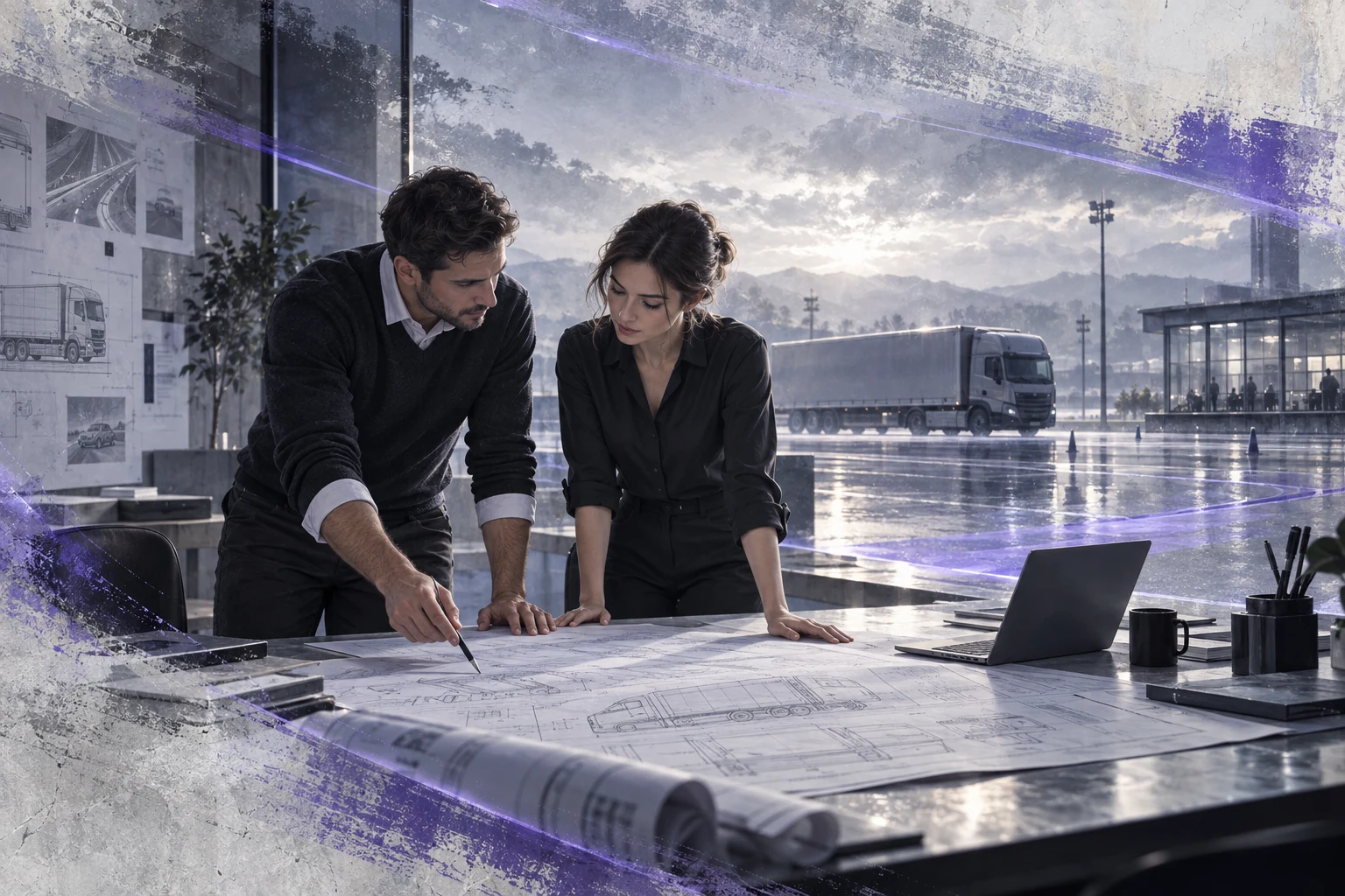 Digital artwork of an engineering team reviewing homologation project documents