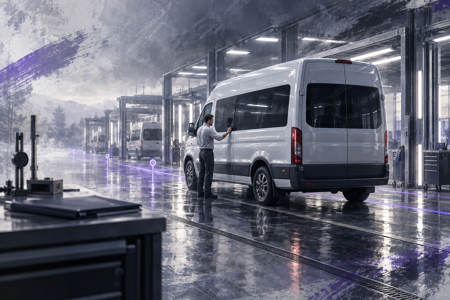 Digital artwork of minibus quality inspection and connected production stages
